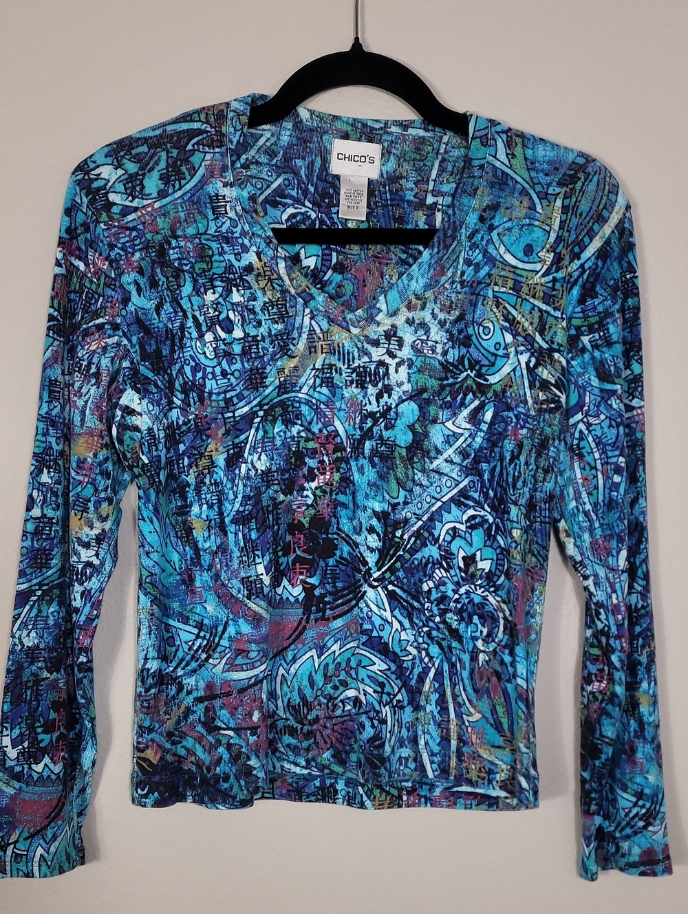 Chicos Asian Inspired Wearable Art Shirt Size Small Blue Multi Boho Grunge Y2K